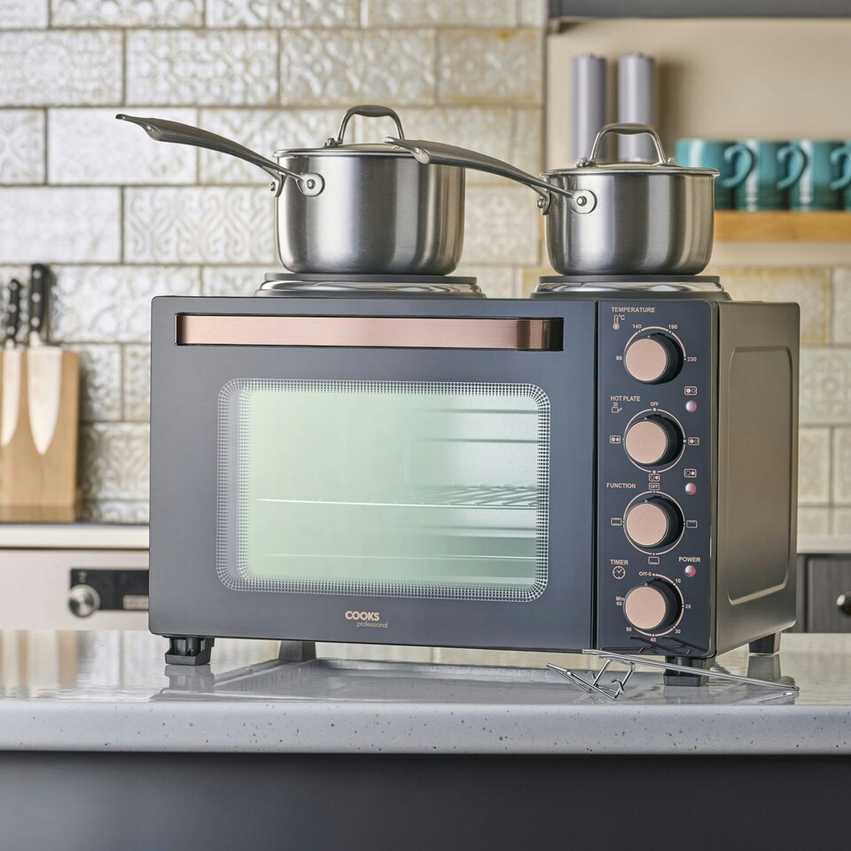 image 1 of Cooks Professional Mini Oven | 28 Litre with 2 Hobs | Powerful 3200W | Black & Copper