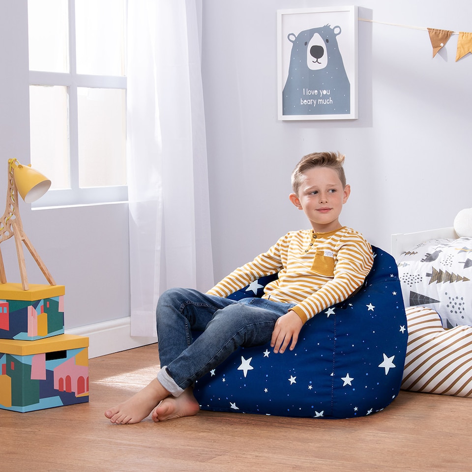 image 1 of Kids Starry Skies Bean Bag Chair Navy Blue Childrens Bean Bags | Blue | Navy Blue | 1