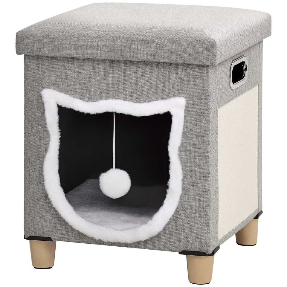 image 1 of PawHut 2 in 1 Cat Bed Ottoman w/ Removable Cushion, Handles, Scratching Pad