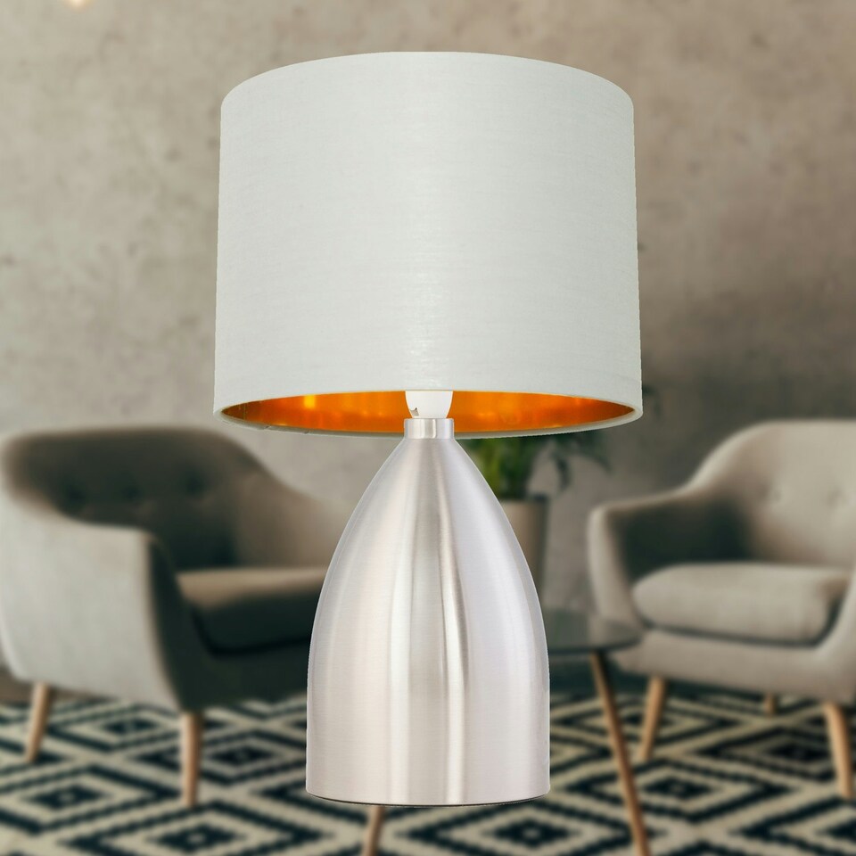 image 1 of First Choice Lighting Valentina Brushed Chrome Touch Lamp with Light Grey Cotton Shade Silver | Grey