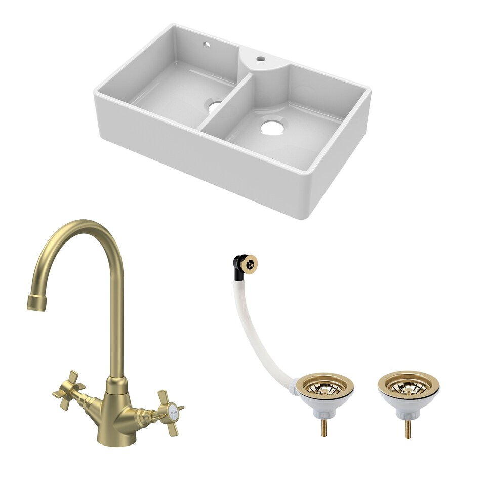 image 1 of Fireclay Kitchen Bundle - Double Bowl 1 Tap Hole Butler Sink & Tap Hole, Wastes & Mono Tap, 895mm - Brushed Brass - Balterley
