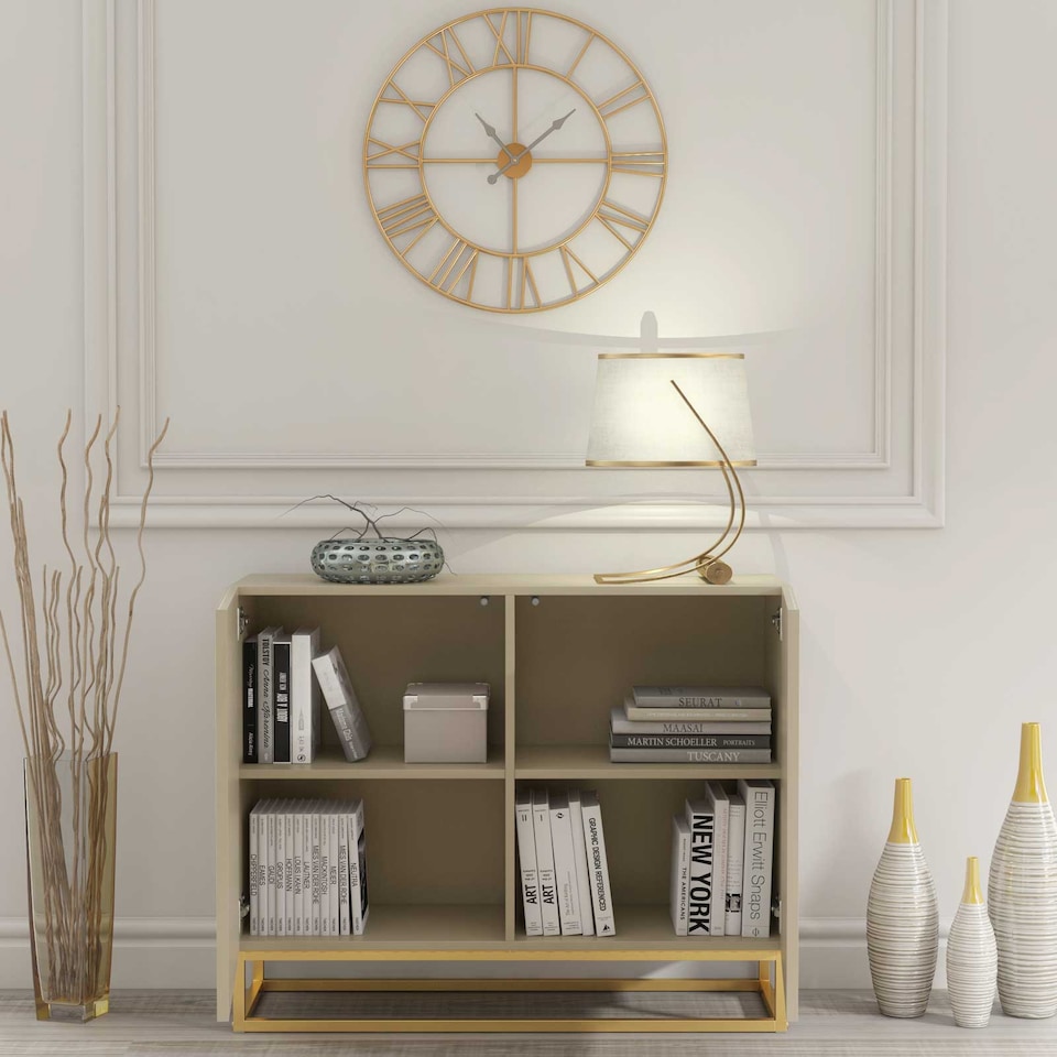 image 1 of Sideboard Cabinet Storage Cupboard Fluted Doors Cashmere Matt Gold Metal Legs Living Dining Room Hallway Furniture 100cm