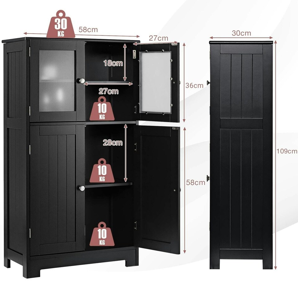 image 1 of COSTWAY 4-Door Bathroom Floor Cabinet Storage Cabine Black Black