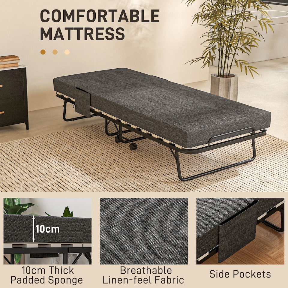 image 1 of HOMCOM Folding Bed with Mattress, Foldable Guest Bed on Wheels, Portable Single Bed with 10cm Mattress, Side Pockets, Cover, 190 x 80cm, Dark Grey