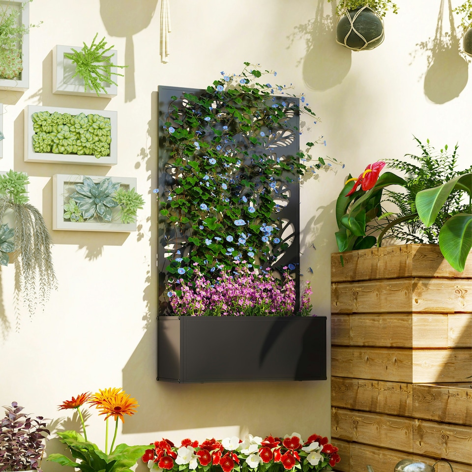 image 1 of Outsunny Metal Raised Garden Bed with Trellis, Outdoor Elevated Planter Box 