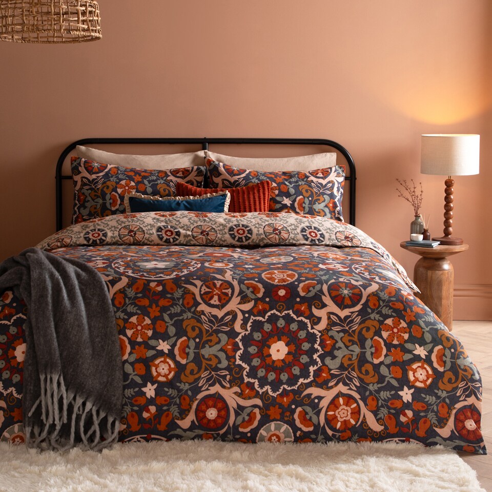 image 1 of Furn Kinfolk Printed Reversible Duvet Cover Set | Blue | Denim Blue | Super King