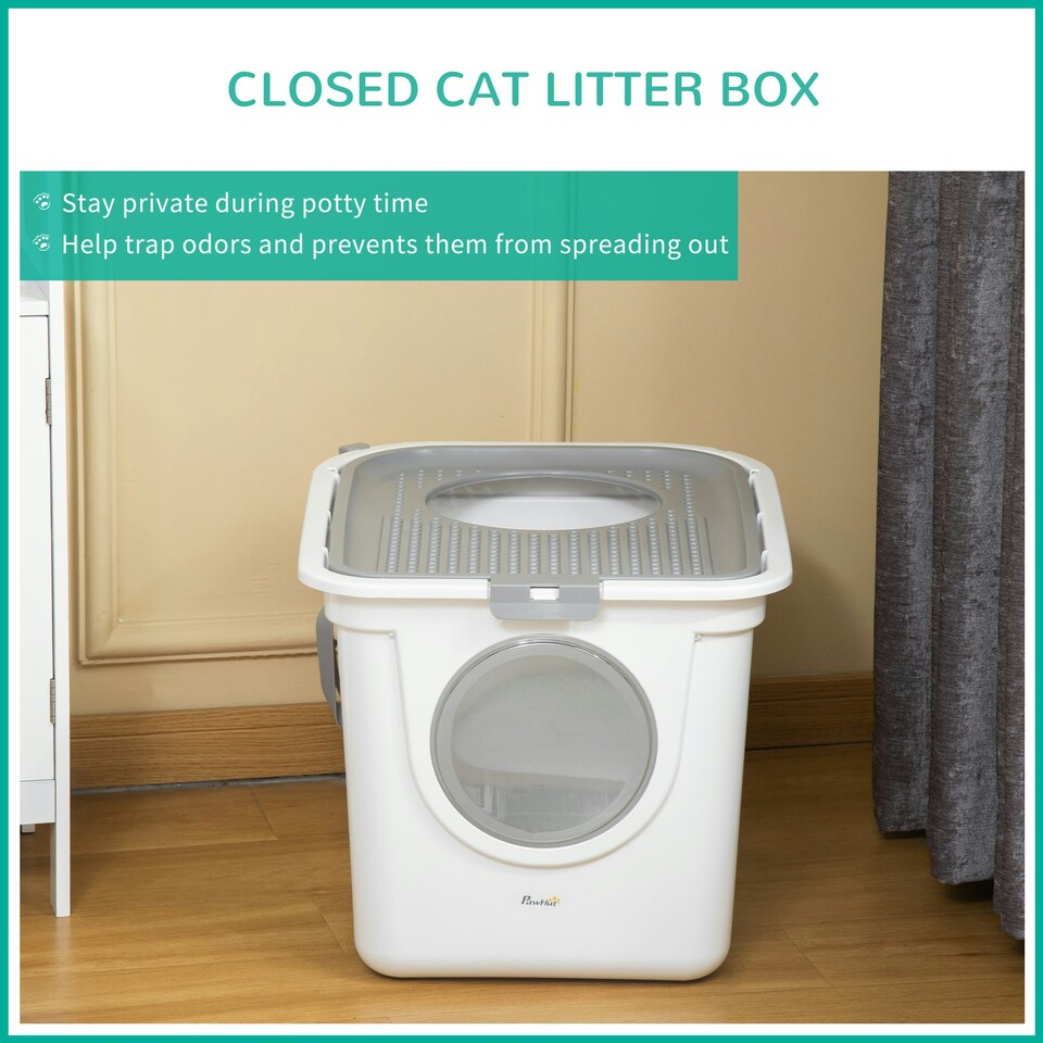 image 1 of PawHut Cat Litter Tray Pet Litter Box w/ Front Entrance, Top Exit, Scoop - White