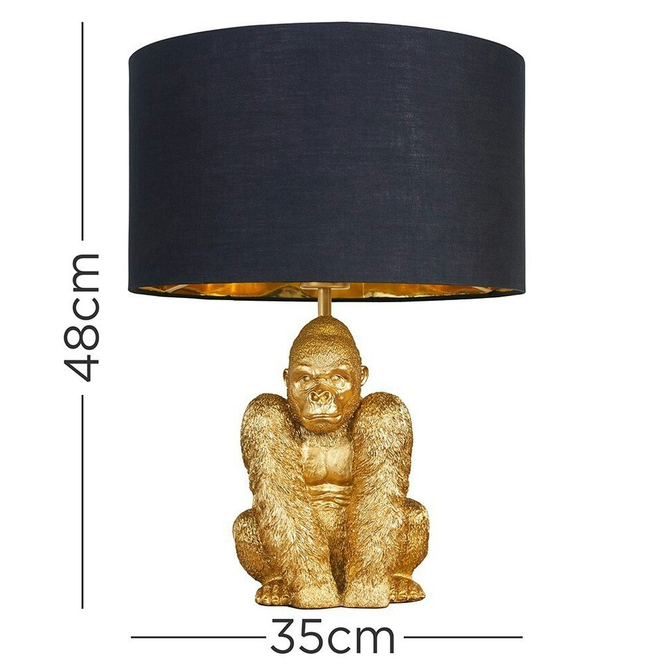 image 1 of ValueLights Modern Gold Sitting Gorilla Monkey Design Table Lamp With Black Gold Drum Shade Black