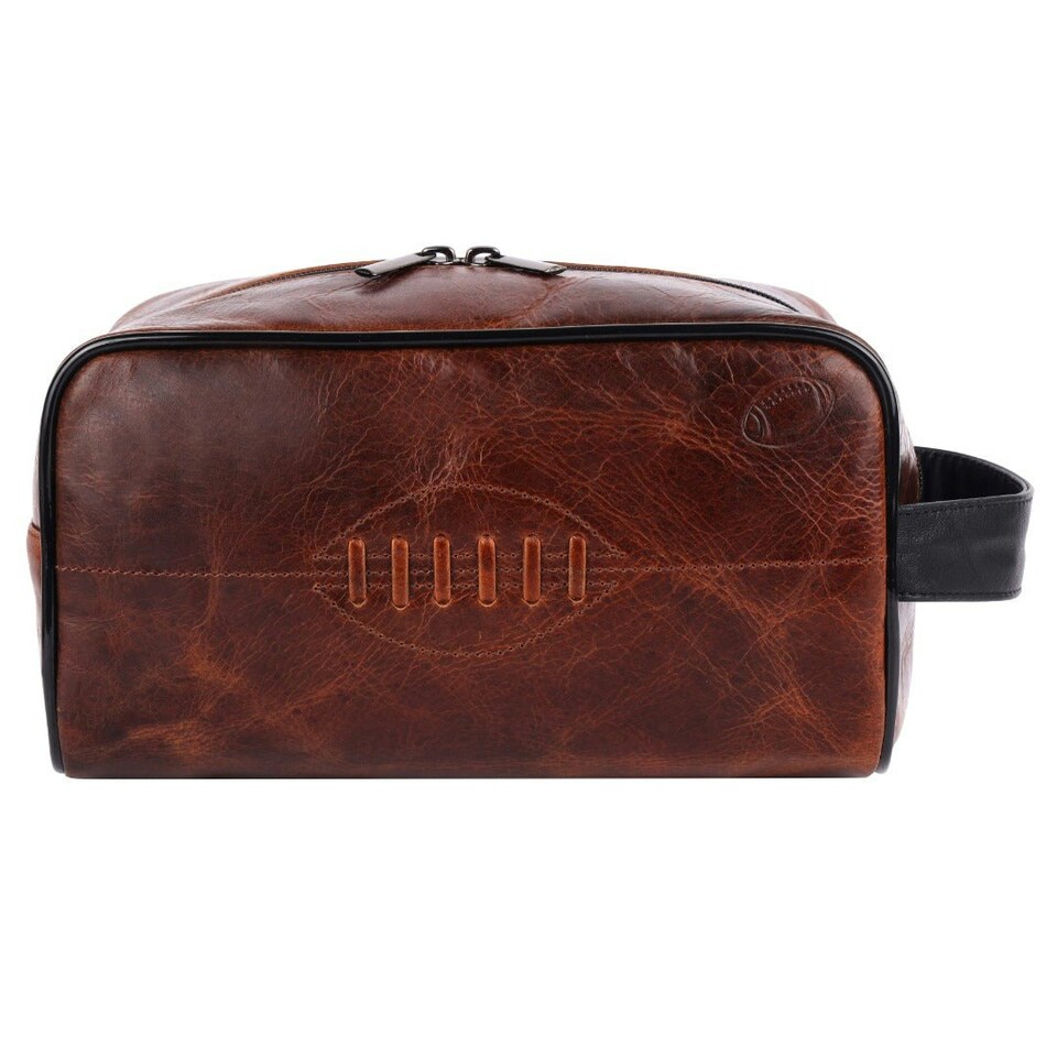 image 1 of SPORTGIFTZ Buffalo Leather Rugby Wash Bag Durable Toiletry Bag for Rugby Players and Fans Moisture-Resistant Lining, Secure Zip and Carry Handle 25cm x 14cm Brown