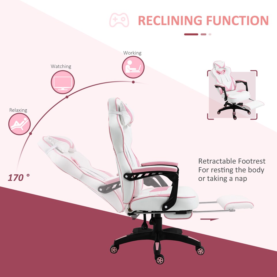image 1 of Vinsetto Computer Gaming Chair, Racing Desk Chair with Lumbar Support and Footrest, PU Leather Gamer Chair with Headrest and Swivel Wheels for Home, Pink