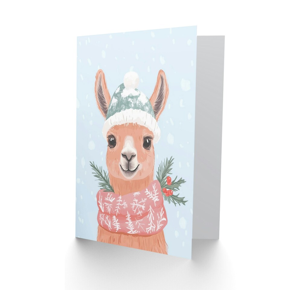 image 1 of Greeting Card Cute Llama Snow Ball Hat Winter Scarf Fun Modern For Her Woman Xmas Christmas Card