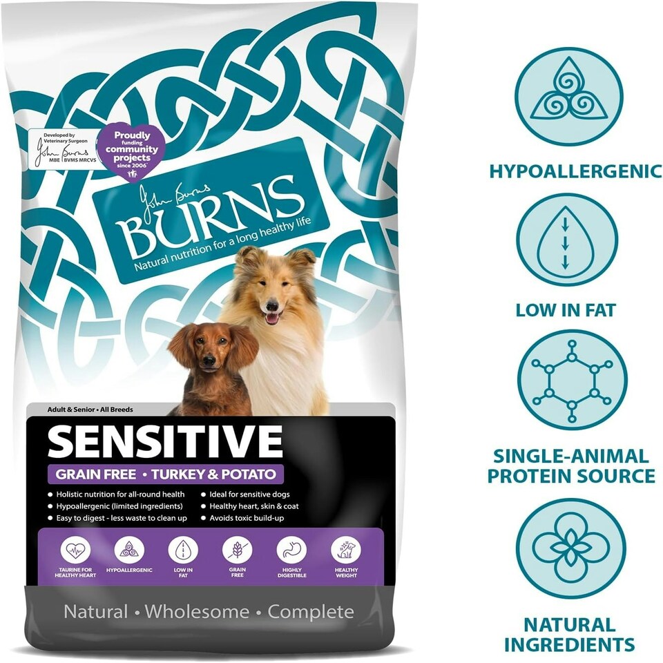 image 1 of Burns Pet Nutrition Complete Dry Hypoallergenic Dog Food For Sensitive Dogs, Turkey and Potato 6kg
