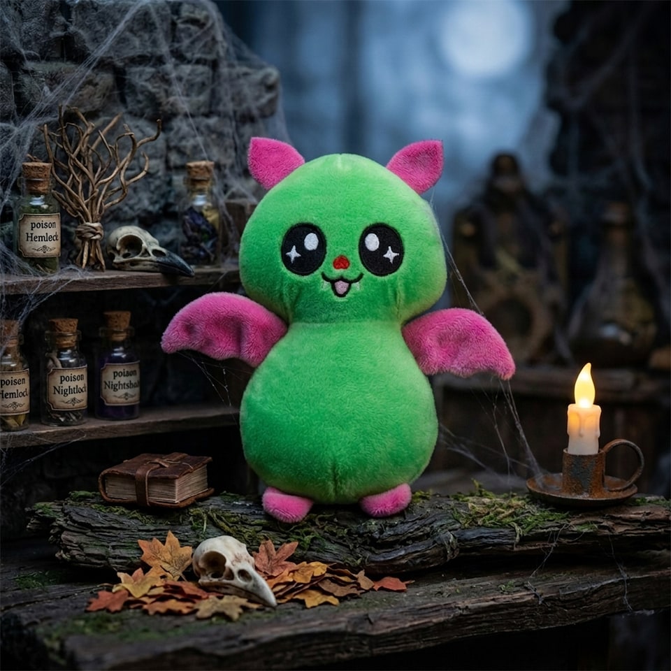 image 1 of Green & Pink Halloween Bat Plush Soft Toy 15cm
