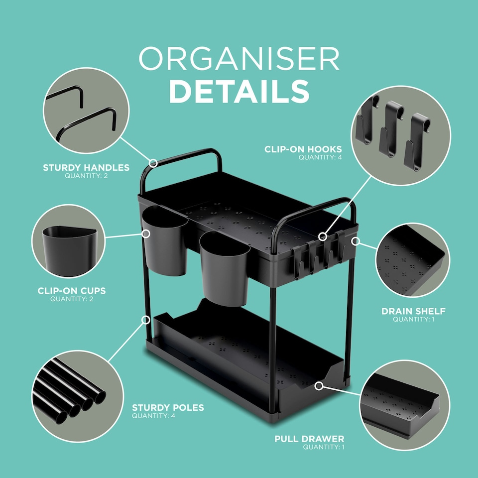 image 1 of DMD 2 Pack Under Sink Storage Kitchen Organiser with Pull Out Shelf Black