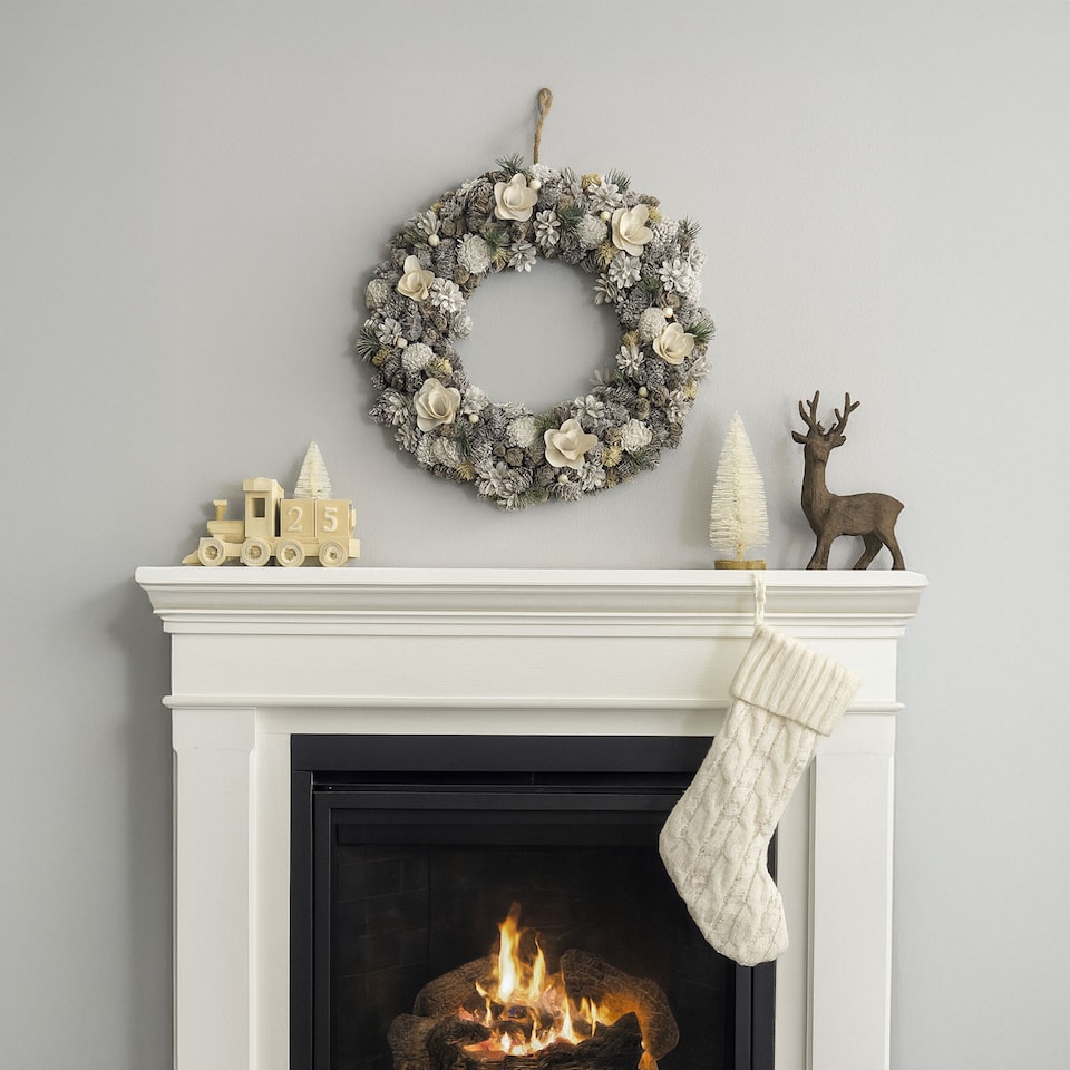 image 1 of eo Luxury Extra Large Frosted Pinecone Winter Wreath 50cm Home Artificial Christmas Festive Front Door Decoration | Grey | Frosted Grey