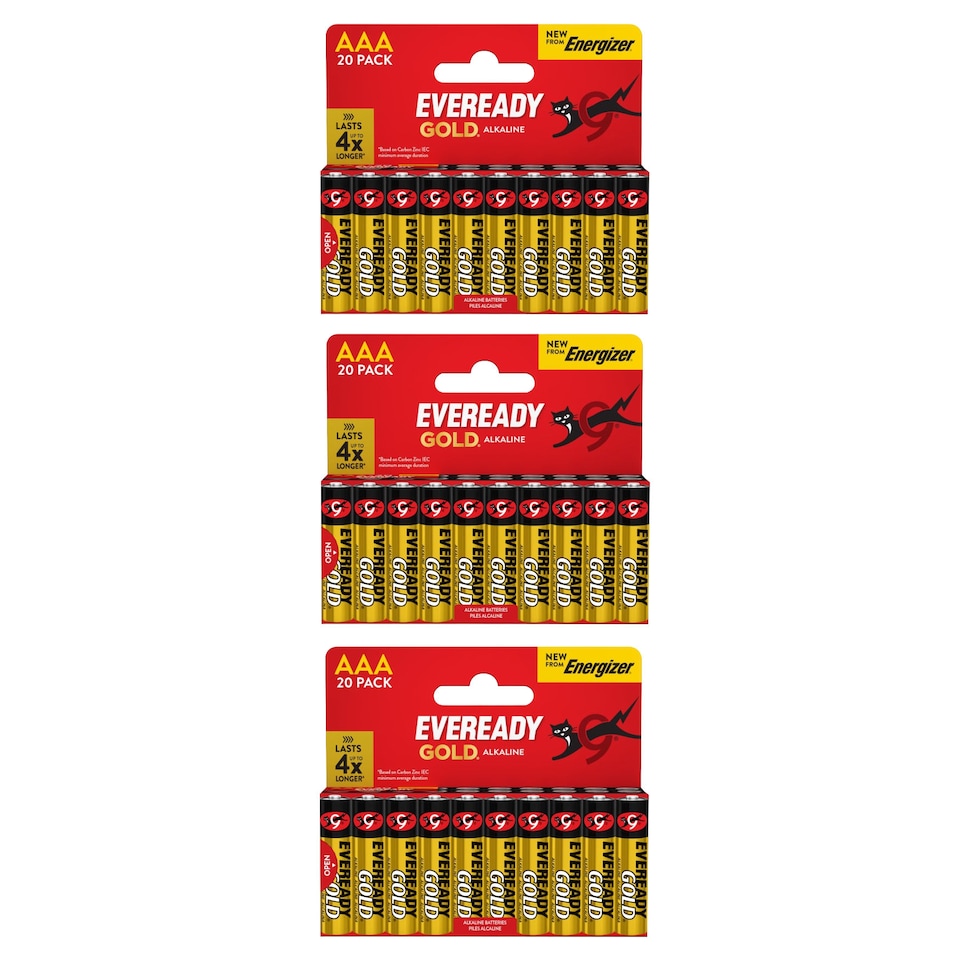 image 1 of 3x Eveready Gold AAA Alkaline Batteries, Pack of 20 (60x Batteries in total) | Chrome | AAA | 60
