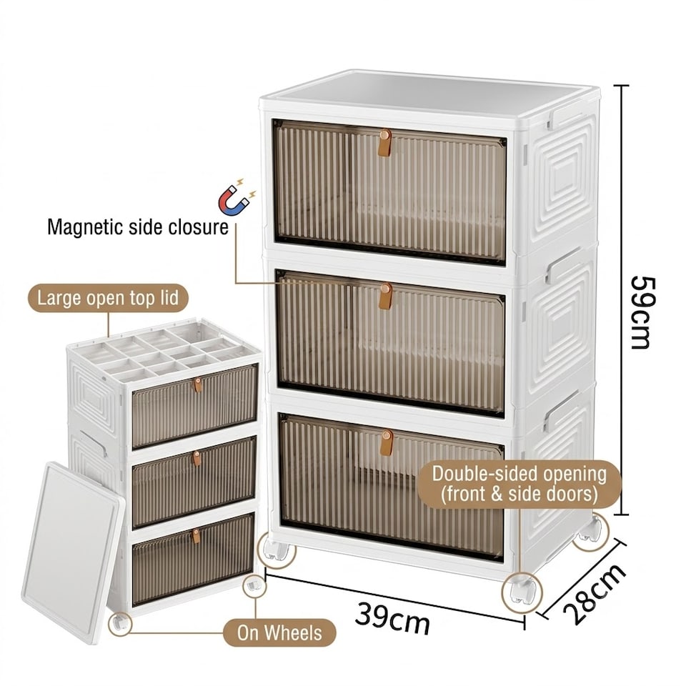 image 1 of Plastic Storage Drawer Tower Unit with Wheels – 3 Tier Multipurpose Organizer for Home & Office