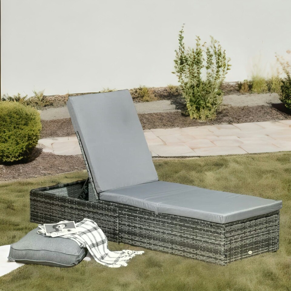 image 1 of Rattan Sun Lounger For Garden Reclining Deck Bed With Cushion Grey Grey