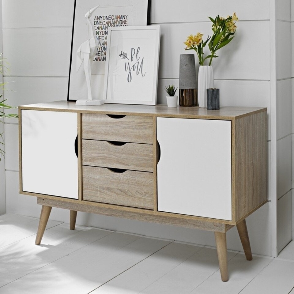 image 1 of Scandi 2 Door 3 Drawer Oak Sideboard - MDF - L45 x W125 x H77 cm - White Brown