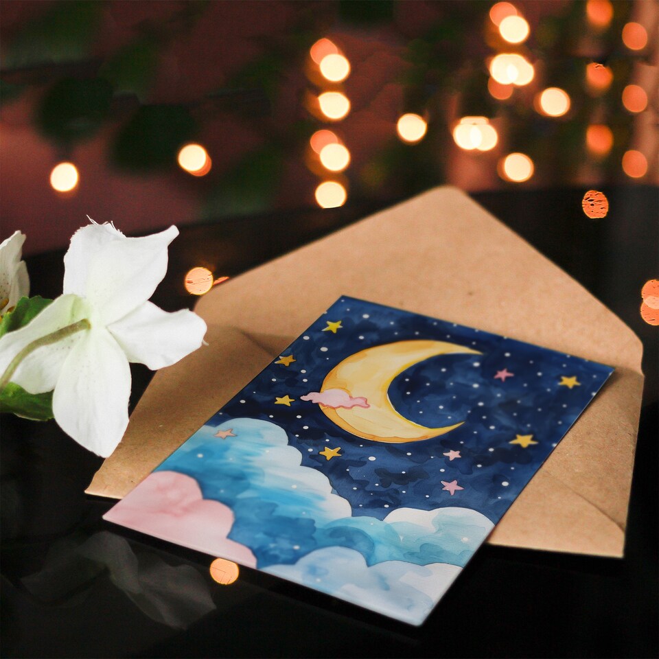 image 1 of Crescent Moon Stars Clouds Night Sky Watercolour Thank You Card