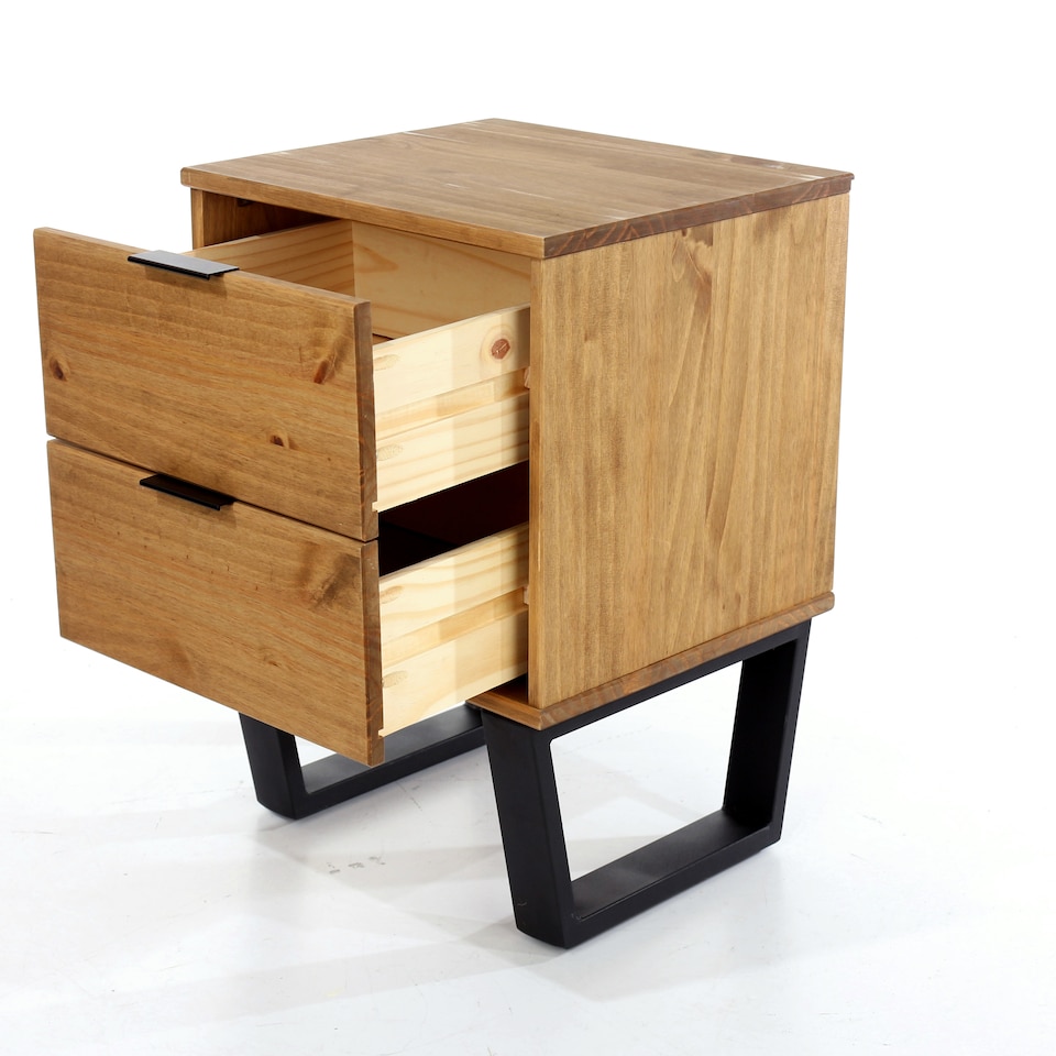 image 1 of Texas 2 Drawer Bedside Cabinet - Industrial Style with Real Wood and Metal Legs | Brown | Antique Waxed Pine | One Size | 1