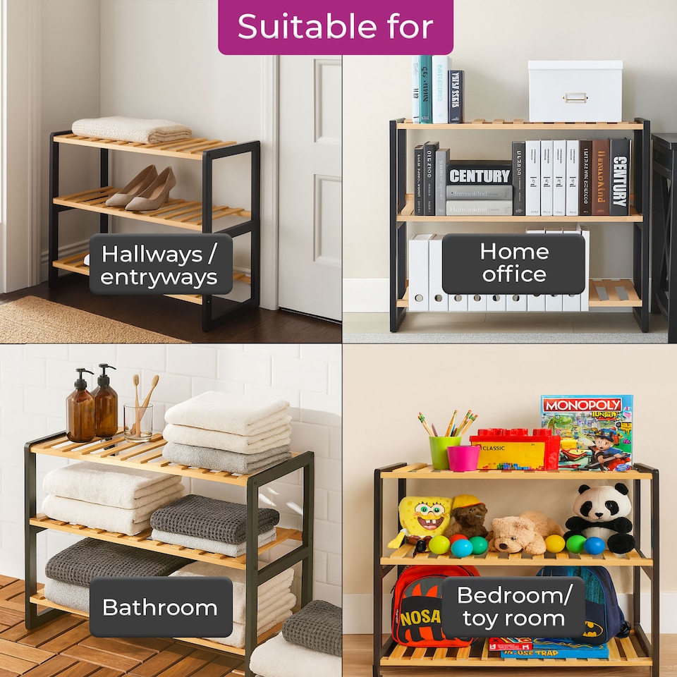 image 1 of Neo Black/Natural 3-Tier Bamboo Shoe Rack Stand Natural Wooden Shoe Storage Shelf for Hallway Bedroom Bathroom | Black | Black And Wood