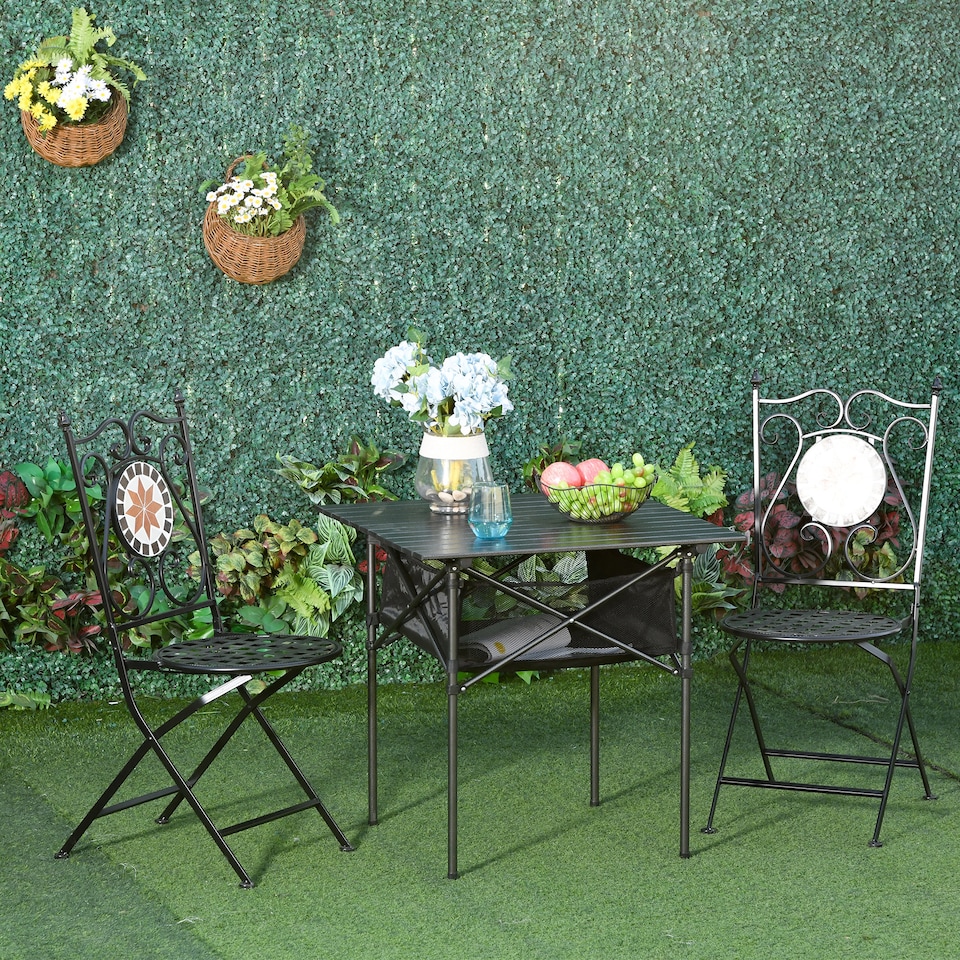 image 1 of Outsunny 70cm Aluminum Roll Top Table w Mesh Bag Camping Outdoor Dining Foldable w Steel Frame Picnic Lightweight Hiking Furniture Desk, Black