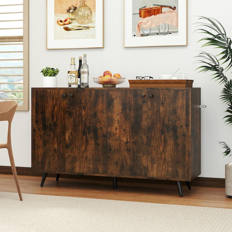 image 1 of COSTWAY Buffet Sideboard Modern 4-Door Storage Cabinet Brown Brown