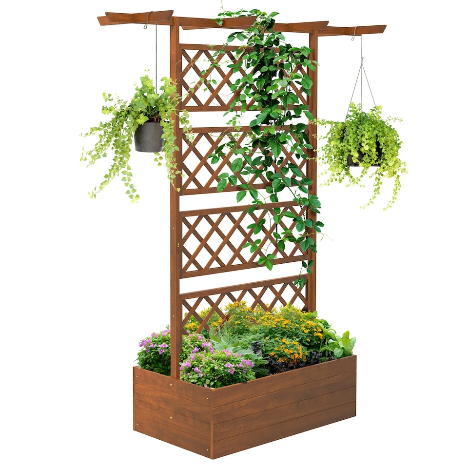 image 1 of Outsunny Wooden Trellis Planter, Raised Garden Bed for Climbing Plants, Natural
