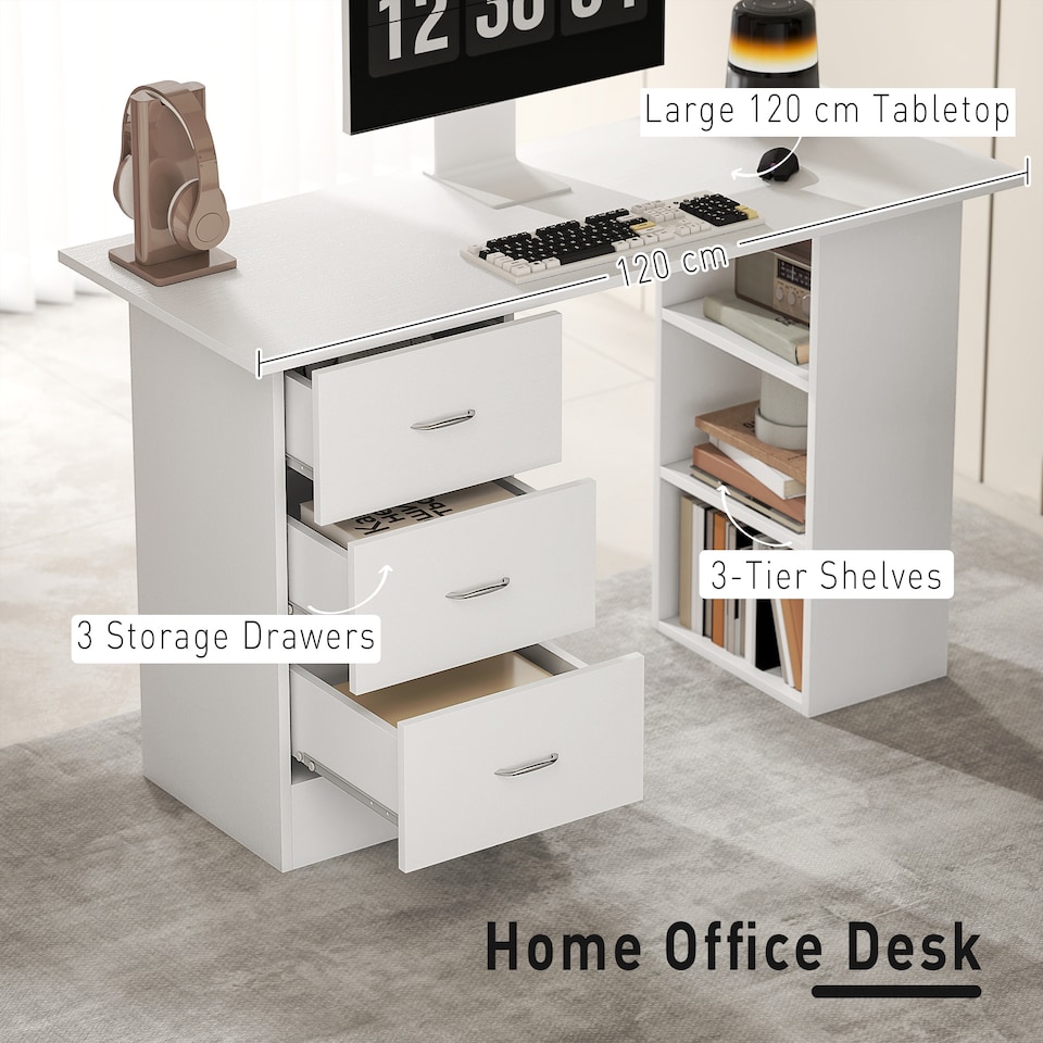 image 1 of HOMCOM Computer Desk, Writing Table, PC Workstation with 3 Storage Shelves and Drawers, Silver Handle, for Home Office, White