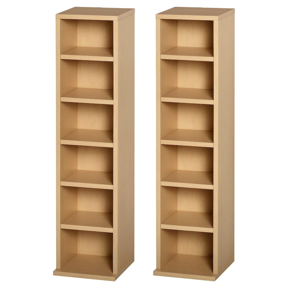 image 1 of HOMCOM 204 CD Media Display Shelf Unit Set of 2 Blu-Ray Tower Rack w  Adjustable Shelves Bookcase Storage Organiser, Natural Wood Colour