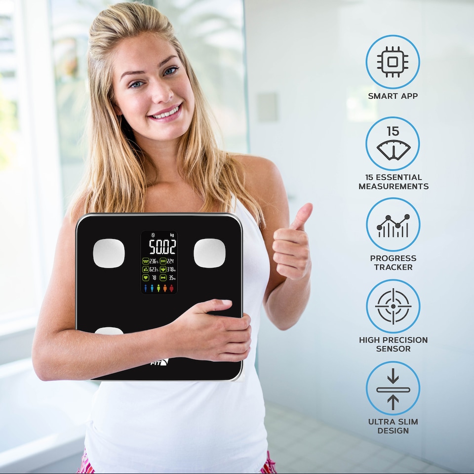 image 1 of Get Fit Smart Body Fat Bathroom Scales - Monitor Weight Loss, Digital Weighing Scale, Monitor 15 Compositions Free App & Large VA Led Screen | Black | 28x28cm | 1
