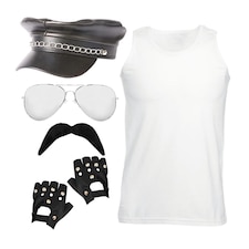 80's Rock Star Set - Vest, Hat, Glasses, Moustache & Gloves | Multi | L