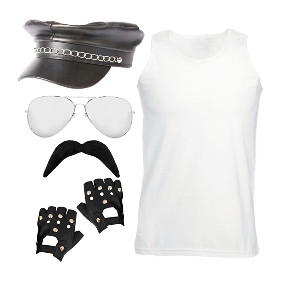 image 1 of 80's Rock Star Set - Vest, Hat, Glasses, Moustache & Gloves | Multi | L