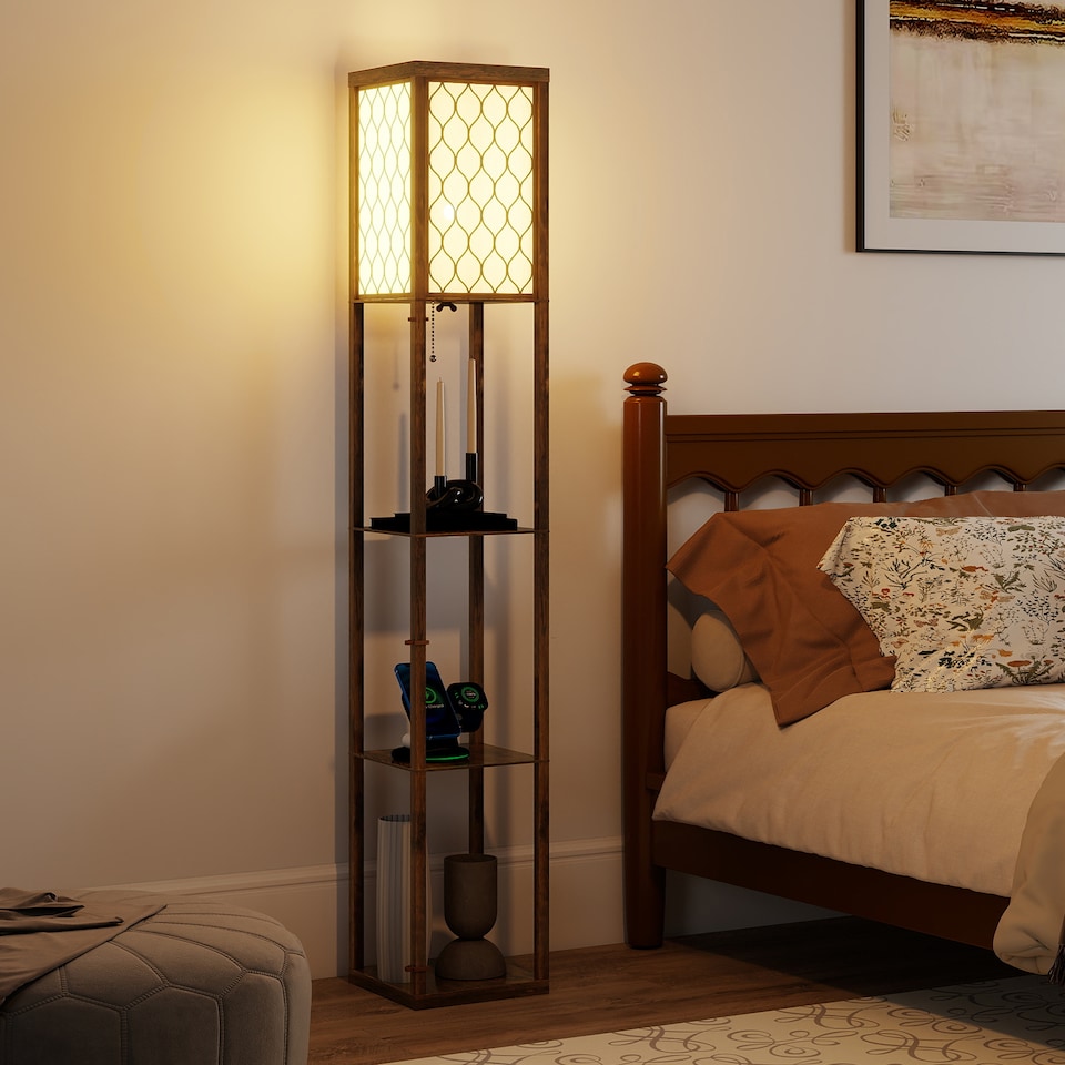 image 1 of HOMCOM Modern Floor Lamp Light with 3 Shelves Fabric Lampshade, Rustic Brown | Brown | Rustic Brown