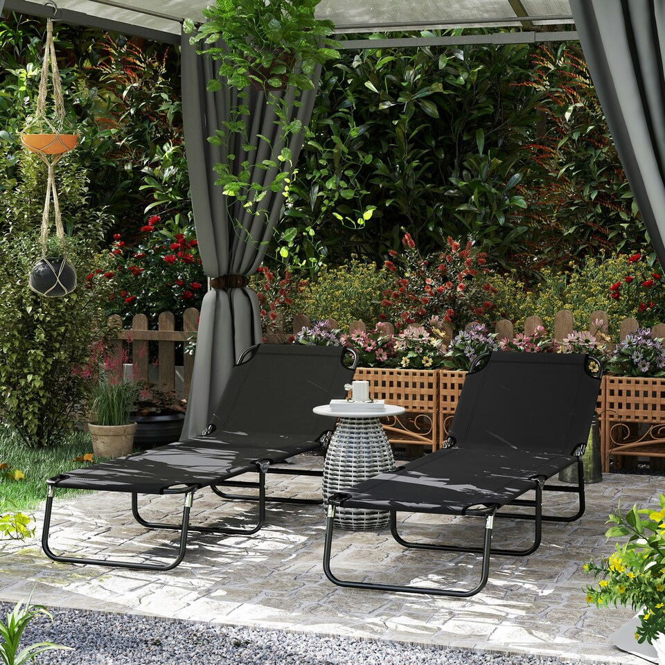 image 1 of Outsunny 2 Piece Reclining Chaise Lounge with Adjustable Backrest Black | Black