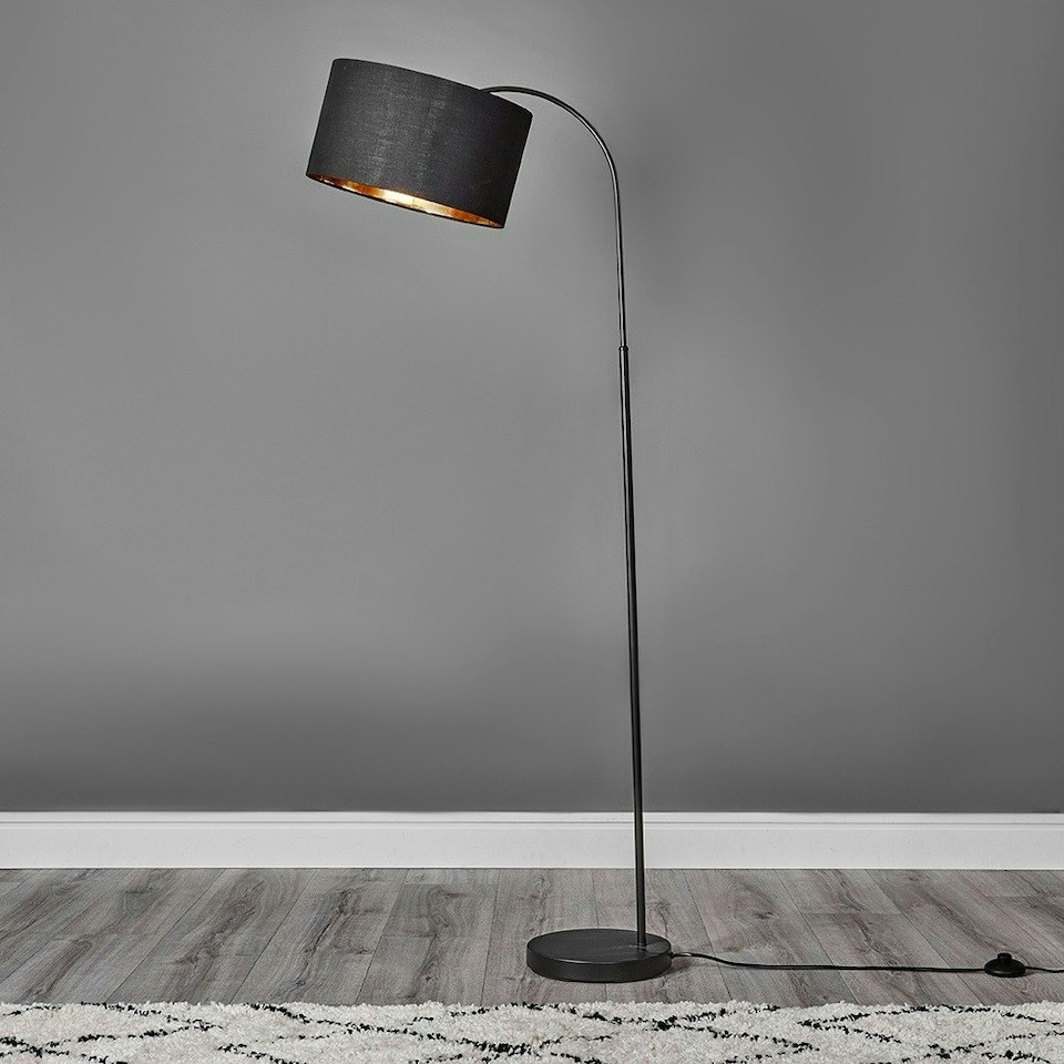 image 1 of ValueLights Modern Designer Style Black Curved Stem Floor Lamp With Black Gold Drum Shade