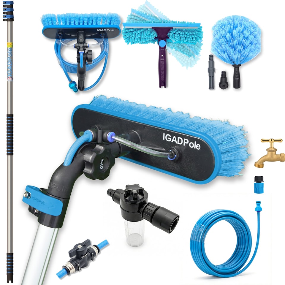 image 1 of IGADPole 3.6m(12ft) Washing Kit: Water-fed Brush, Cobweb Duster and 10”(25cm) Squeegee and Soap Dispenser, with 3-Stage Telescoping Pole 5-12ft