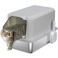 PawHut Stainless Steel Cat Litter Box with Removable Lid & Scoop Grey | One Size