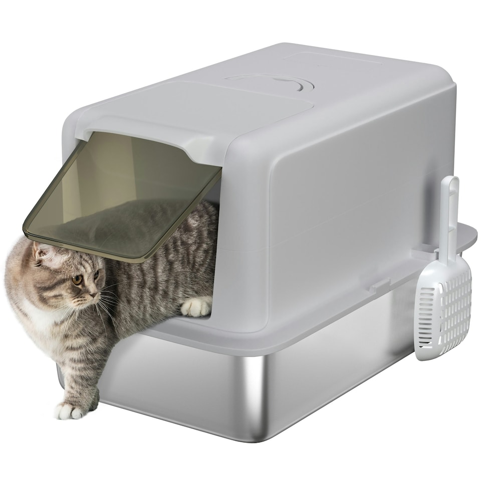 image 1 of PawHut Stainless Steel Cat Litter Box with Removable Lid & Scoop Grey | One Size