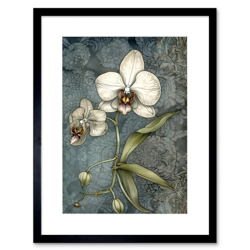 image 1 of Orchid Flower Blooms Pastel Colour Art Nouveau 9x7" Black Framed Wall Art Print