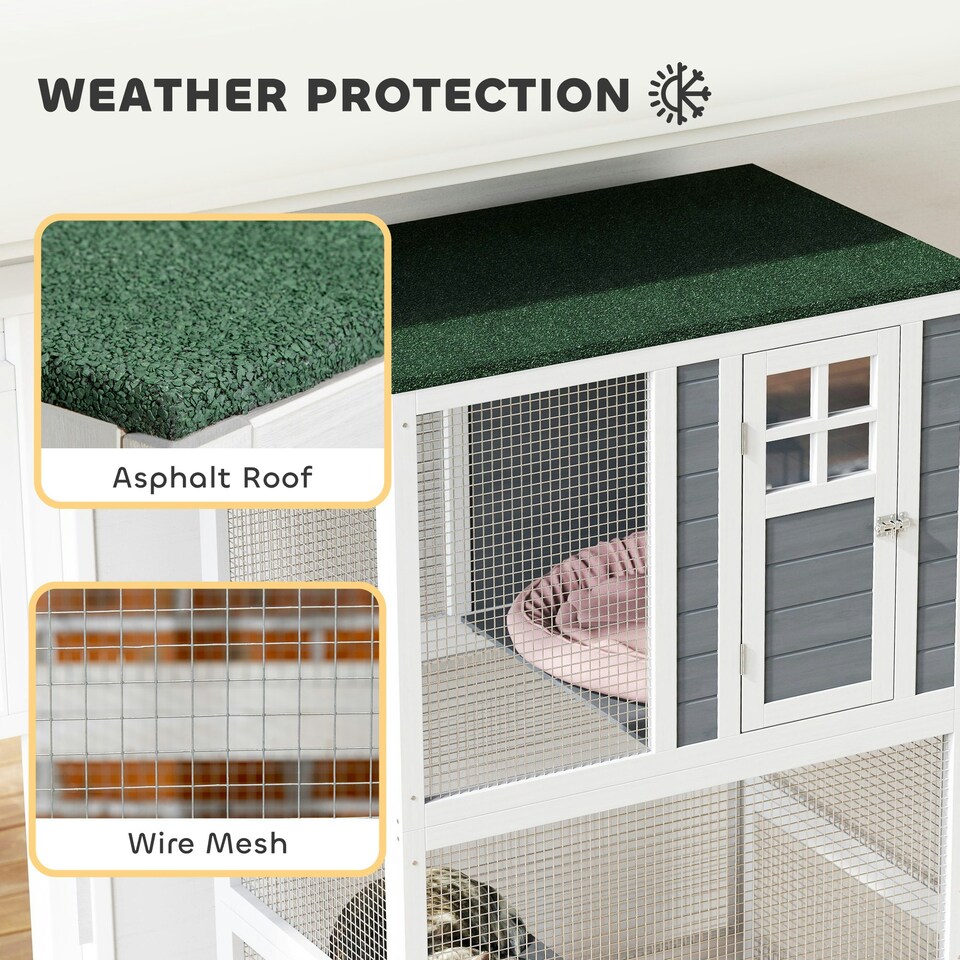 image 1 of PawHut Wooden Cat House with Asphalt Roof, Cat Cage for Multiple Cats White White | Dark grey