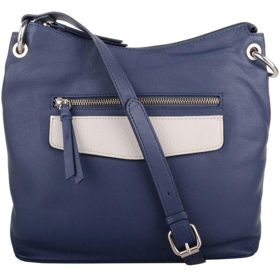 image 1 of Genuine Soft Leather Cross Body Shoulder Contrast Pocket Handbag Blue | Navy