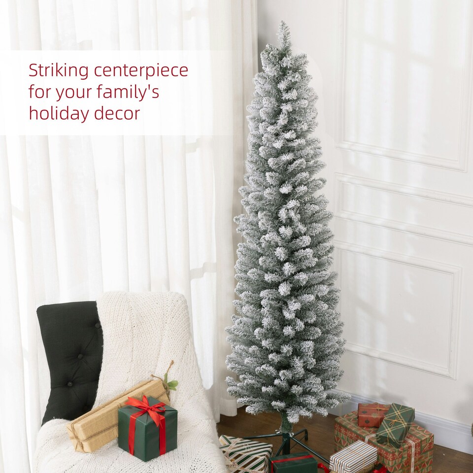 image 1 of HOMCOM 6 Foot Artificial Pencil Christmas Tree with Snow Flocked Tips, White