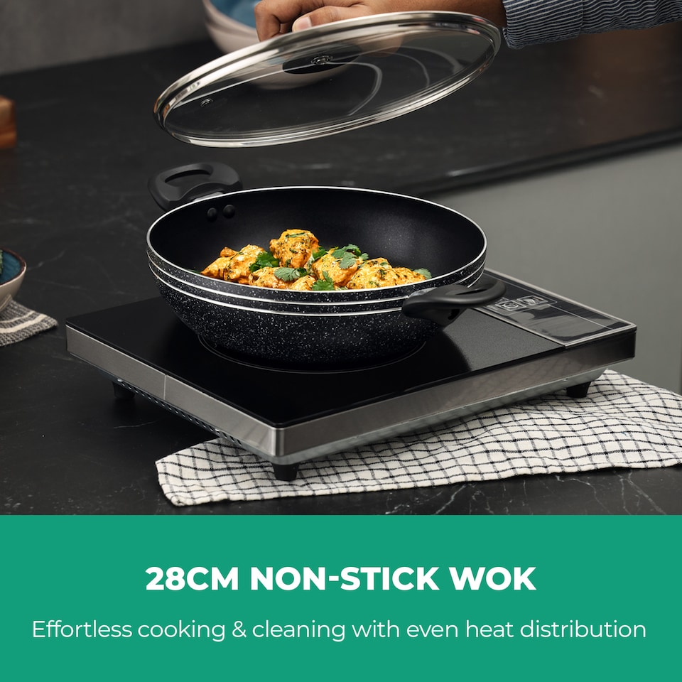 image 1 of Royalford 28cm Aluminium Wok Pan Non-Stick Induction Safe With Glass Lid