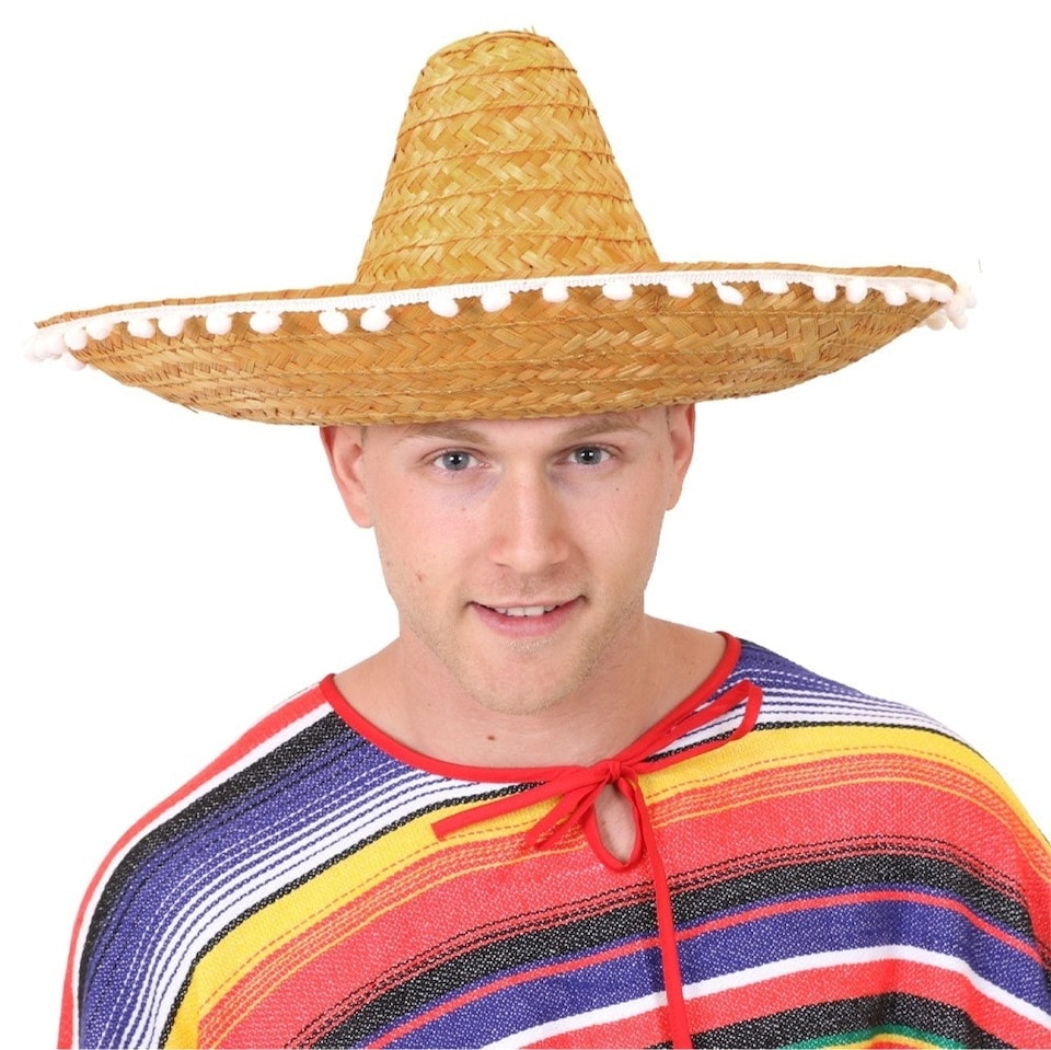 image 1 of Orange Mexican Sombrero – Fancy Dress Hat with Pom-Pom Trim | Multi | 12