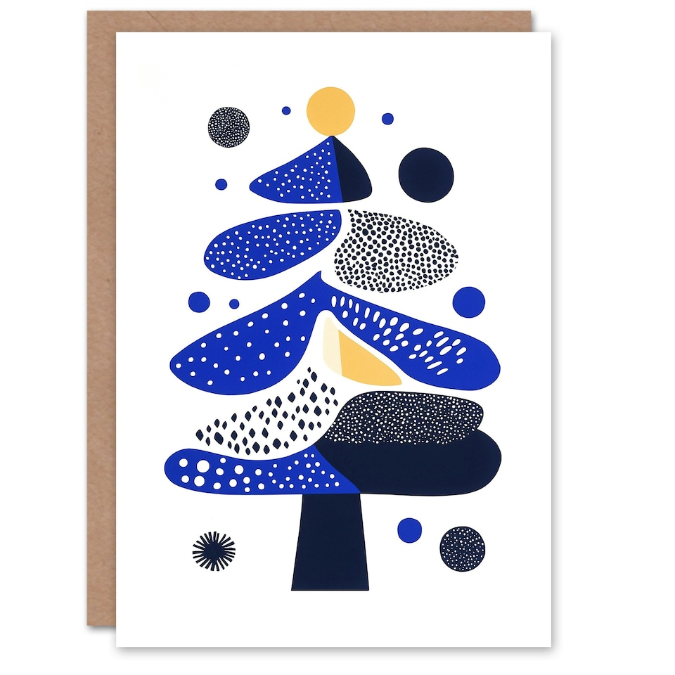 image 1 of Modern Abstract Tree Shapes Blue Yellow Xmas Art Blank Christmas Card