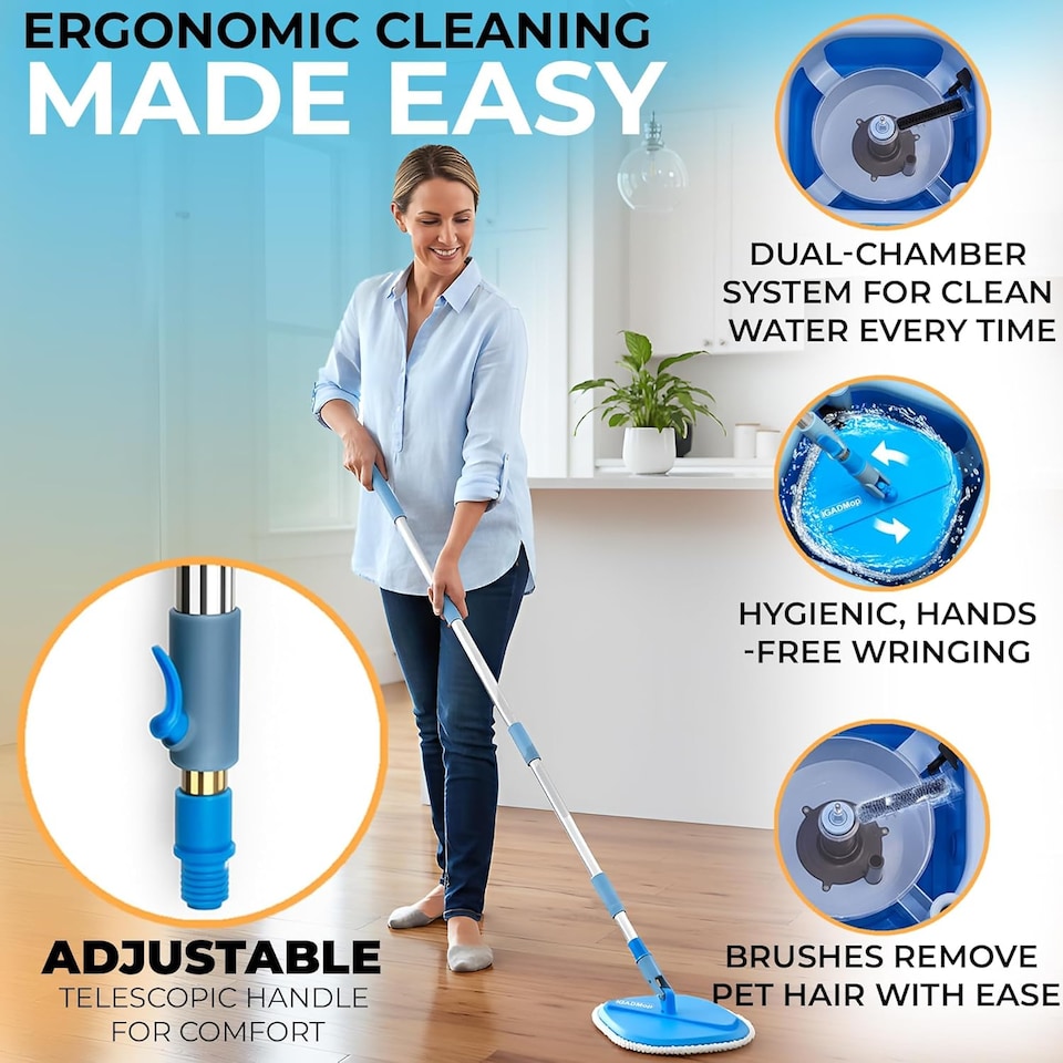 image 1 of IGADMop Professional Set with Bucket, 2 Chamber System for Separating Dirty and Clean Water, 130 cm Telescopic Handle, Microfibre Mop Pad