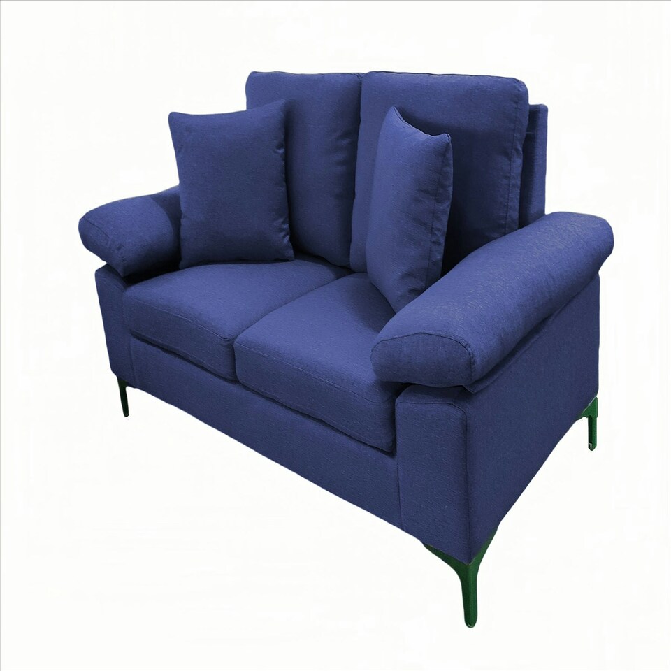 image 1 of Modern Two Seater Sofa Blue Fabric with Chrome Feet - Comfortable Couch with Cushion for Living Room, Bedroom or Office Blue