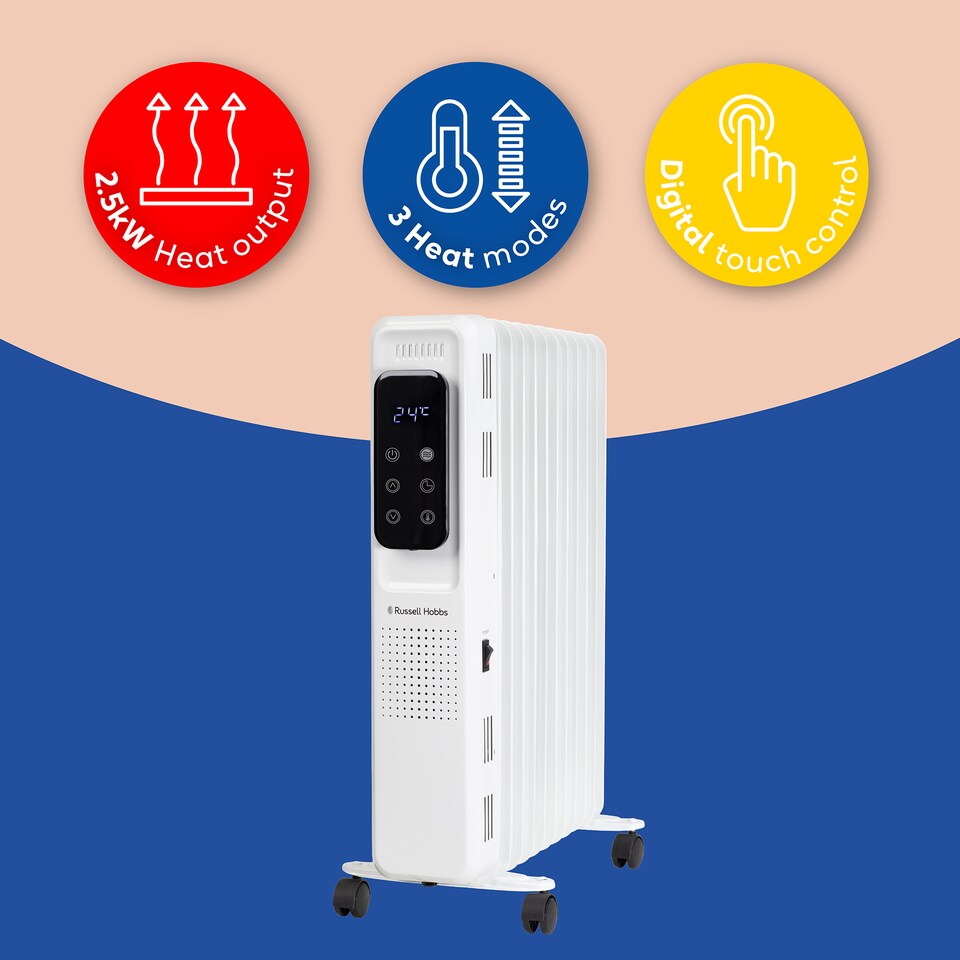image 1 of Russell Hobbs RHOFR2521-D 2.5kW Digital Touch Control 11-fin Oil Filled Radiator in White